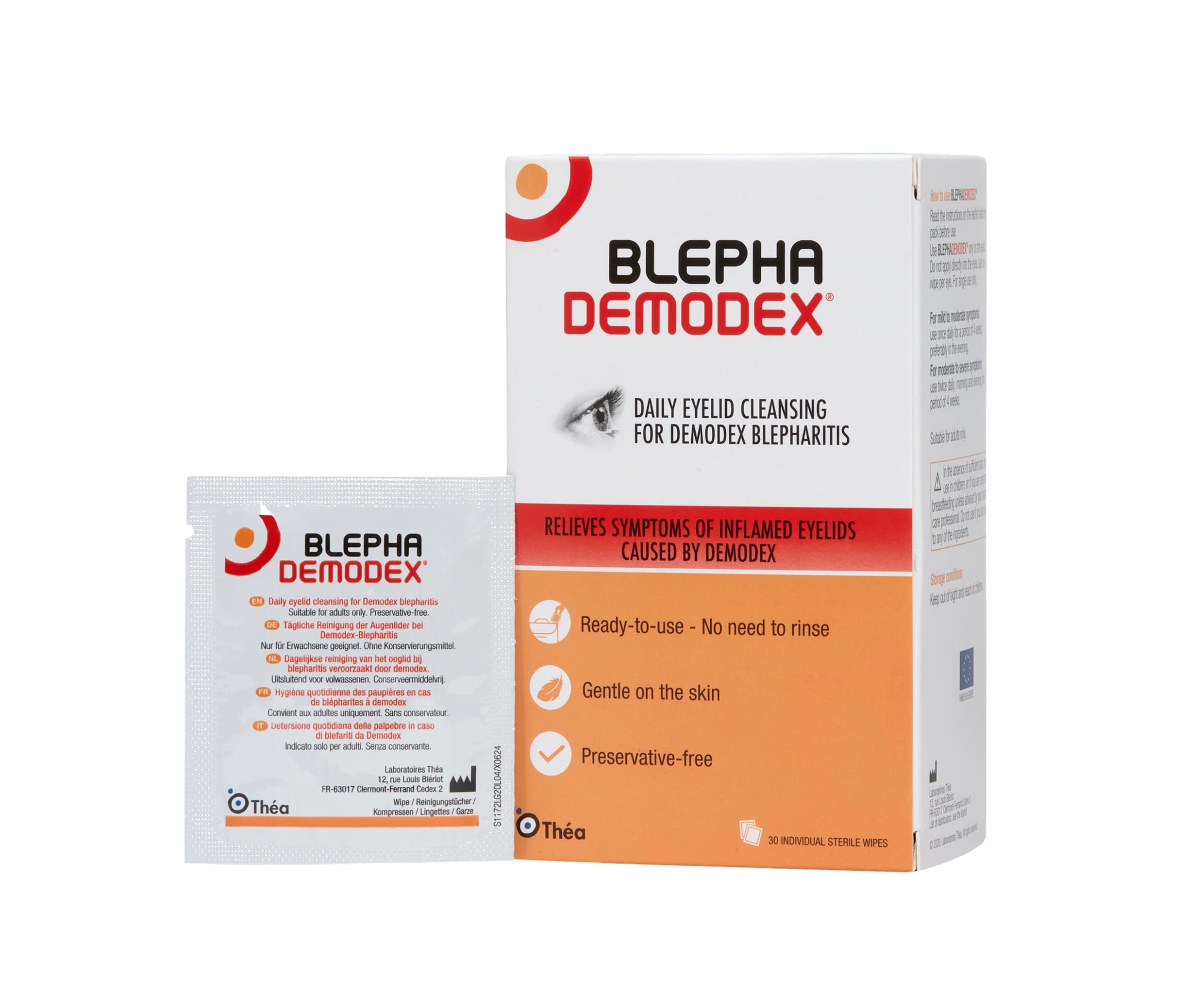 Blephademodex Preservative Free Eyelid Wipes | Relieves symptoms of inflamed eyelids caused by Demodex Blepharitis. Clinically proven to improve symptoms linked to Demodex. Pack of 30 sterile wipes