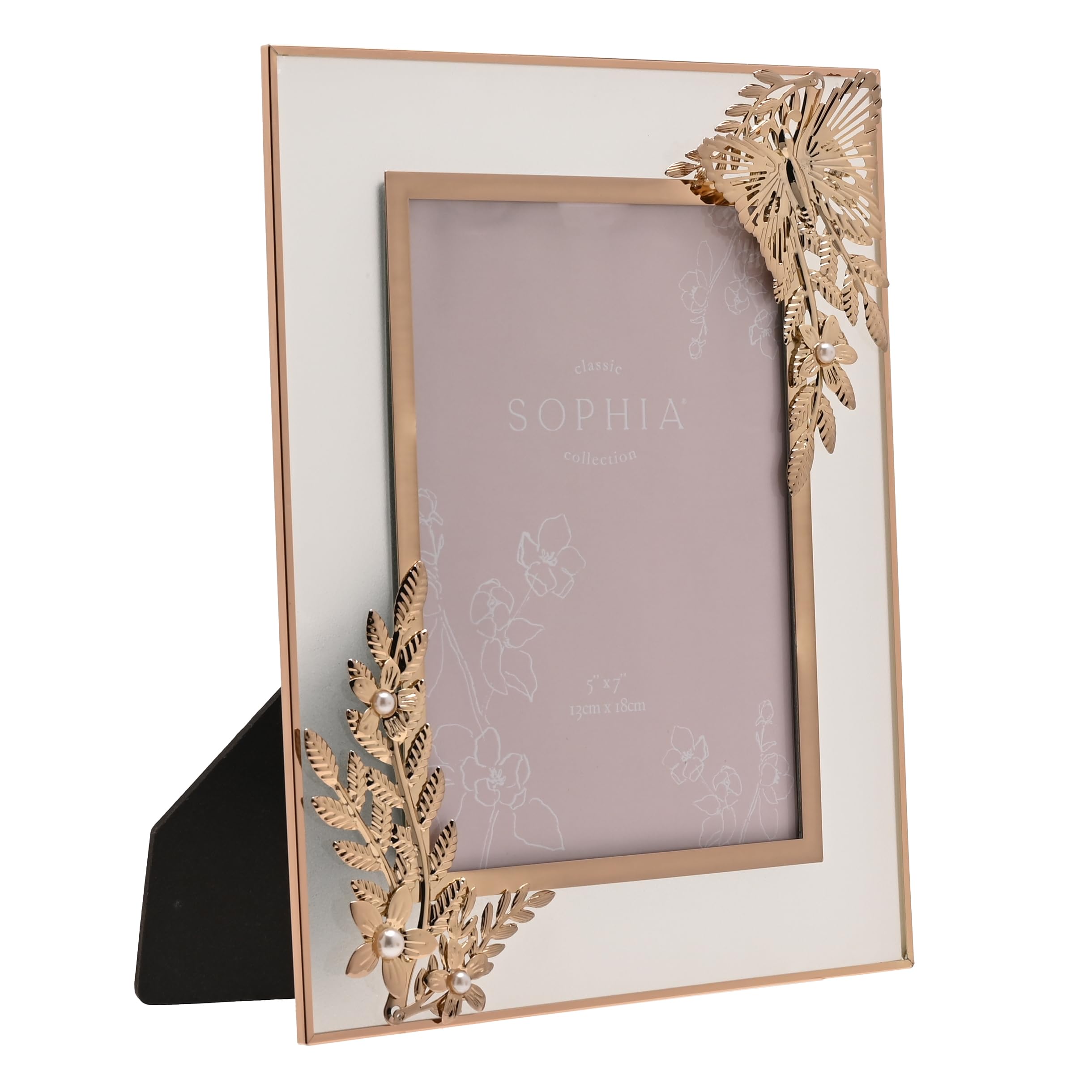A Sophia® Classic Gold Butterfly Photo Frame 5” x 7”. Self Standing Easel-Black With Glass Front Single Aperture.