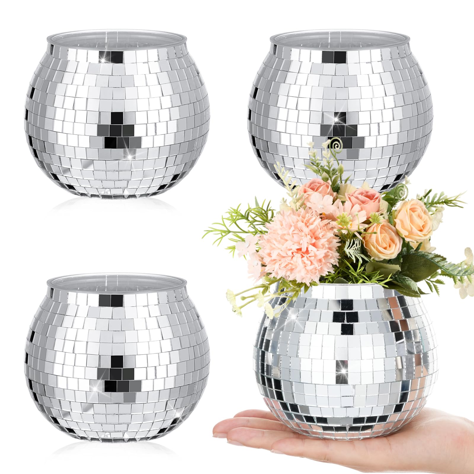 Photo 1 of Yungyan Disco Ball Flower Vase Planter Large Centerpieces Ice Bucket Plastic Disco Ball Party Champagne Vase for Wedding Table Birthday Party Decoration(4 Pcs,5 Inch)
