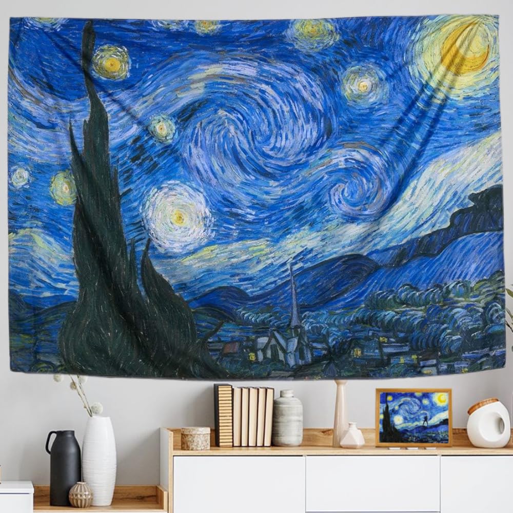 IcosaMro Starry Night Tapestry Wall Hanging, Van Gogh Art Wall Tapestries [51x60''][Double-Folded Hems]- Star Blanket Tablecloth for Bedroom, Dorm, College, Living Room, Blue