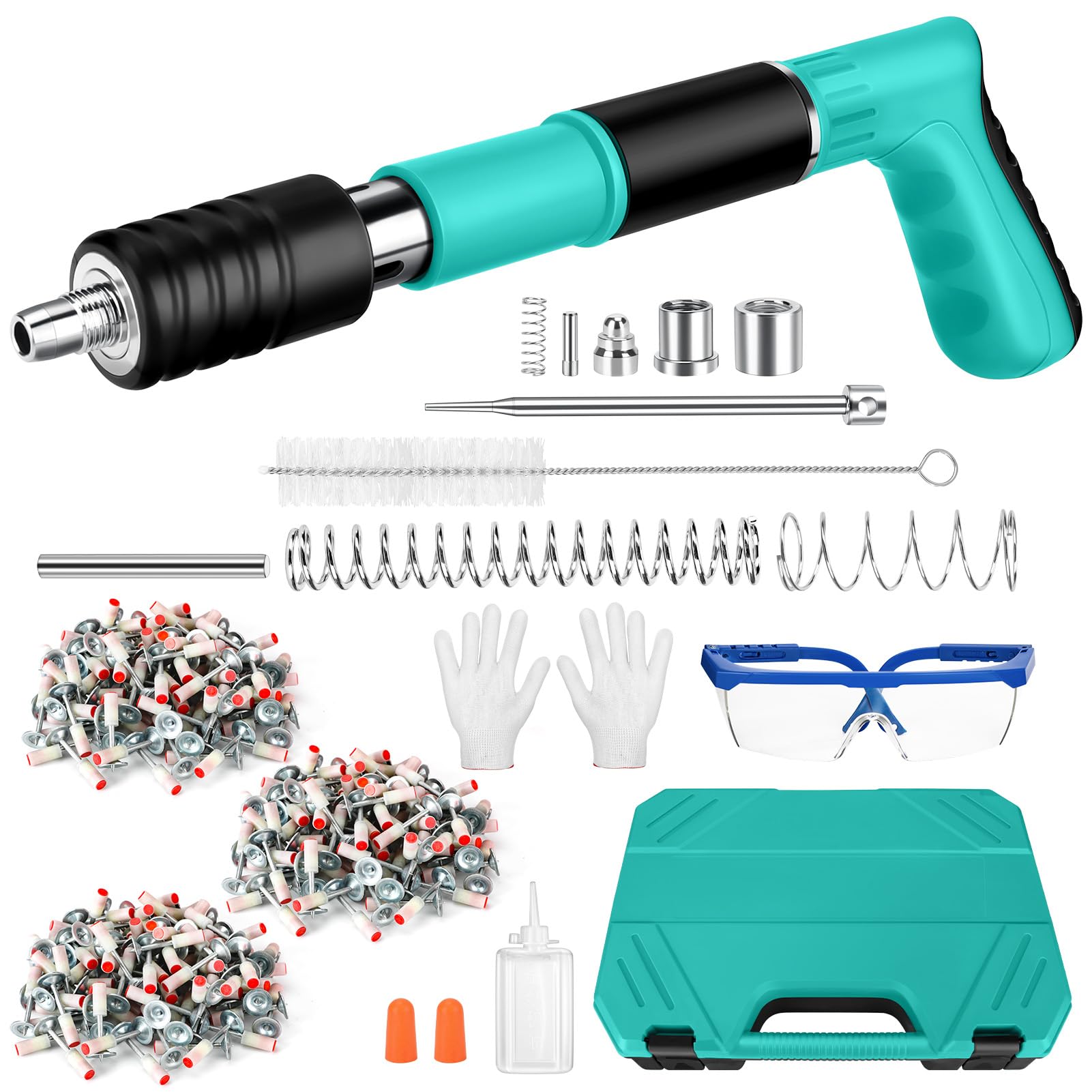 Manual Nail Gun with 300 Rounds Nails, 5-Speed Adjustable Nail Gun, Concrete Manual Steel Gun for Steel and Concrete, Portable NailGun for Ceiling/Wire Hider with Gloves, Goggles, Earplugs (Blue)