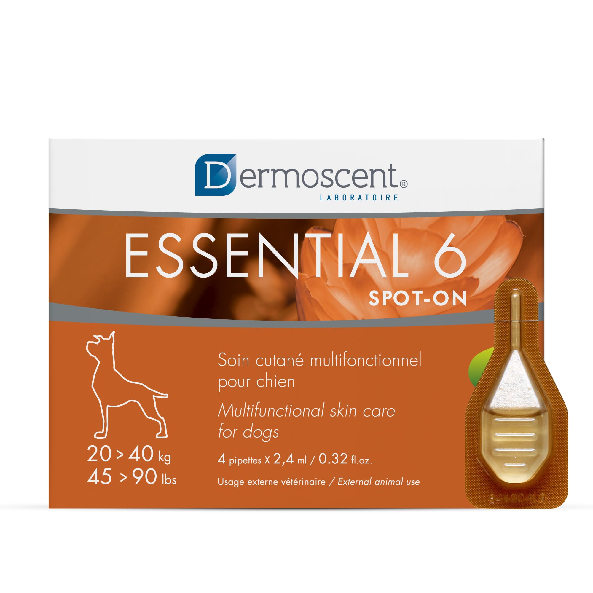 Photo 1 of ** ONLY  1 **Dermoscent Essential 1 spot-on - Dog Skin Care for Dandruff & Allergy Relief with Vitamin E Oil - Anti Itch for Dogs - Natural Ingredients for Sensitive Skin - Dogs 20-40 kg - 4 Pipettes of 2.4 ml