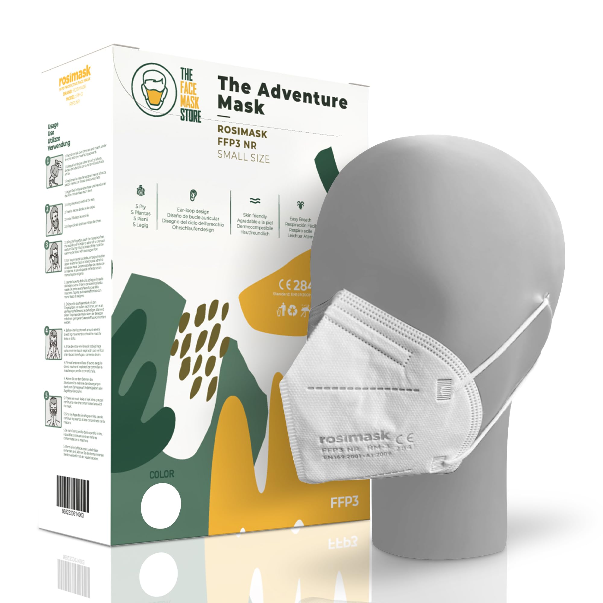 The Adventure Face Mask – FFP3 Certified Respirator with Ear Loops, Compact Fit for Smaller Faces, Box of 10, White