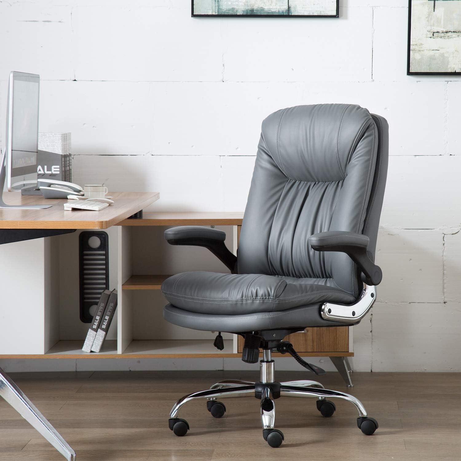 YAMASORO High-Back Executive Office Chair Big and Tall Home Office Desk Chairs PU Leather Ergonomic Computer Chair for Heavy People,with Flip Arms and Wheels,Swivel, Black: Furniture & Decor