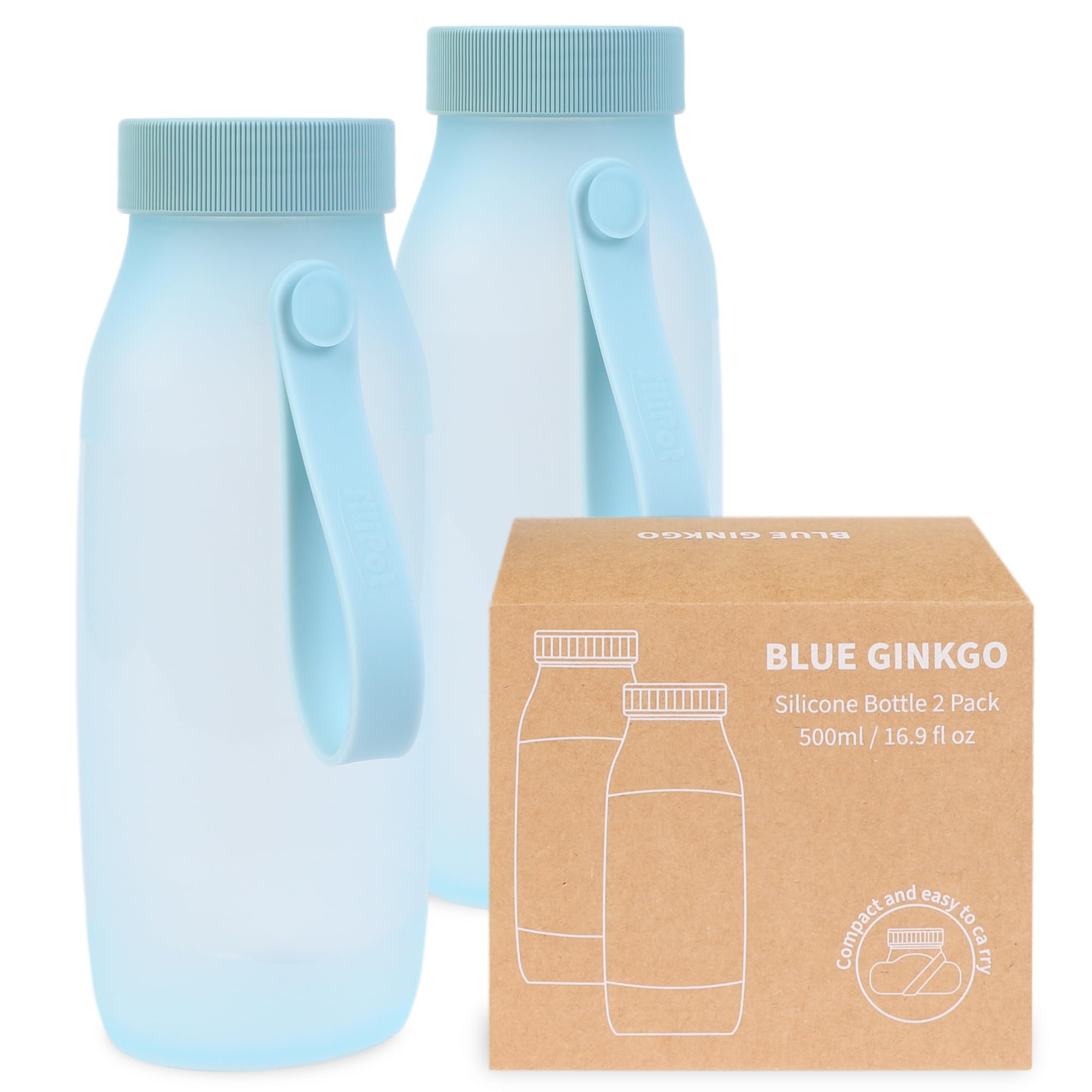 BLUE GINKGO Collapsible Water Bottle [2-Pack] – Lightweight, Foldable Silicone Bottles for Travel, Hiking, and Camping (500ml, Made in Korea, Blue)