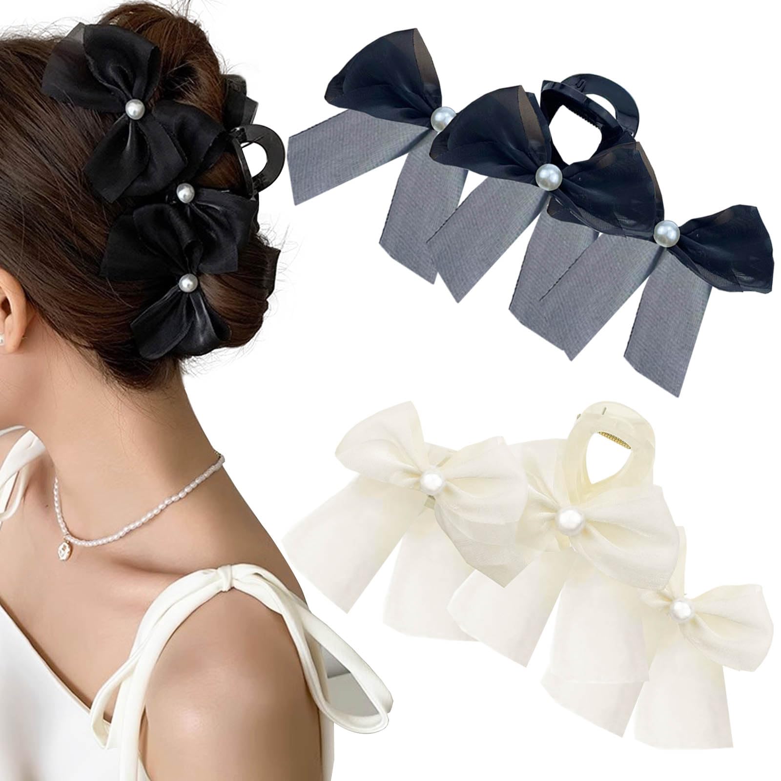 2 PCS Big Bow Hair Claw Clips for Thick Hair for Women, Pearl Non Slip Large Bow Hair Claw Hair Accessories for Women Girls