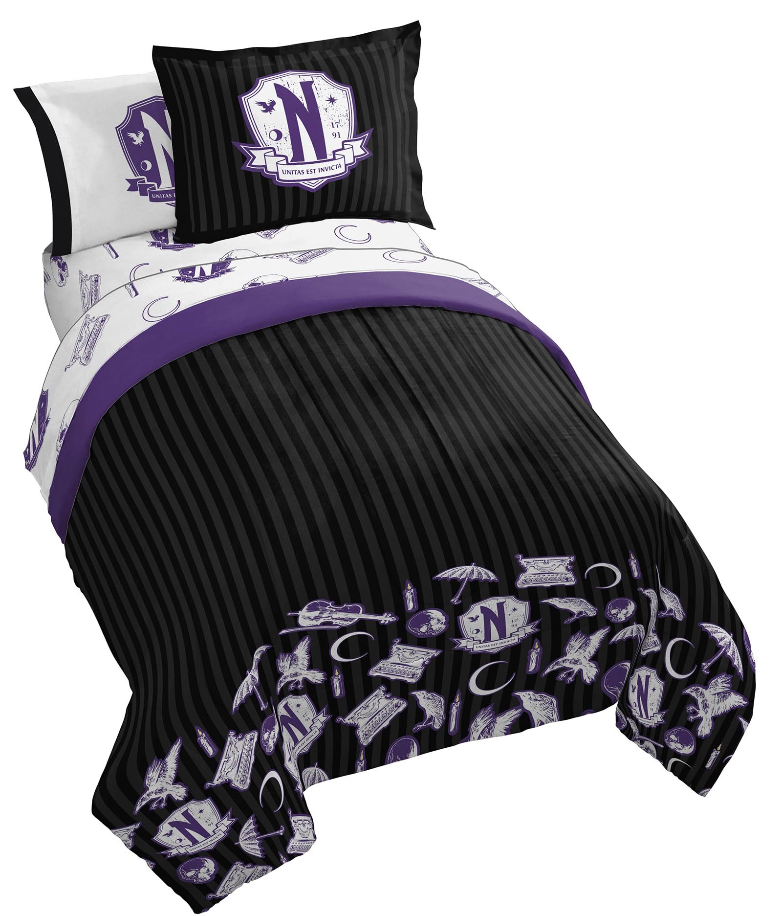 Jay Franco Wednesday Addams Full Comforter Set - 7 Piece Bedding Includes Sheet Set & Pillow Covers - Black and Grey Stripes Super Soft Kids Bedding Image