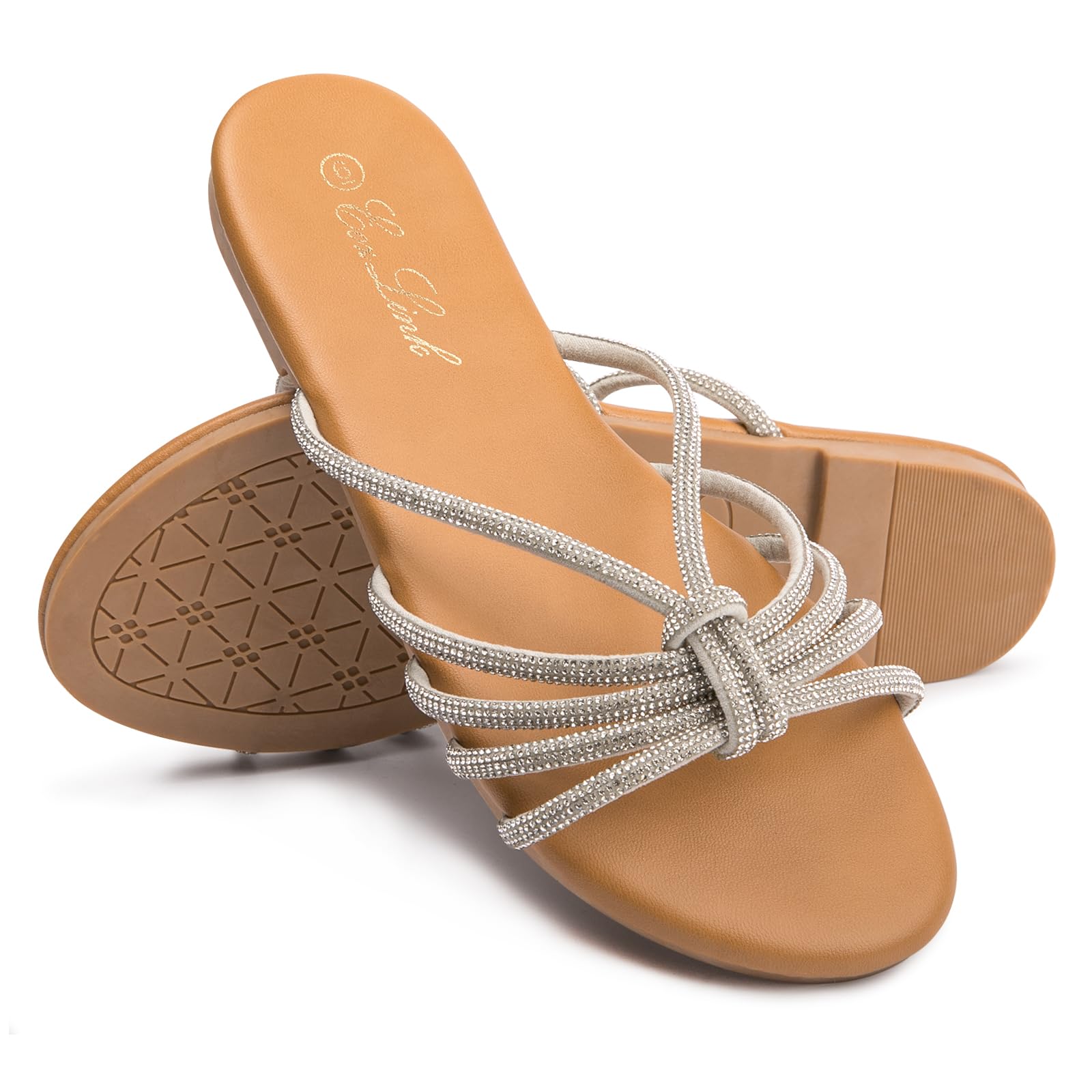 Photo 1 of Eozlink Women's Flat Sandals Rhinestone Open Toe Sandals for Women Casual Sparkle Flat Sandals for Women Glitter Bling Evening Party Prom Dance Slide Sandal ?Sliver Upper Brown Sole?US 10?