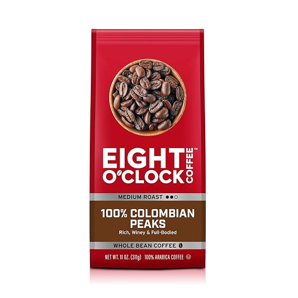 EIGHT O’CLOCK COFFEE 100% COLOMBIAN PEAKS WHOLE BEAN COFFEE, MEDIUM ROAST, 11 OUNCE (PACK OF 1) – RICH, WINEY & FULL BODIED