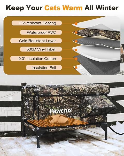 WEATHERPROOF HEATED CAT HOUSE FOR OUTDOOR IN WINTER, HEATED CAT BED KITTY SHELTER WITH CAT HEATING PAD, INSULATED & SAFE ESCAPE DOOR, WARM HOUSE FOR OUTSIDE STRAY CAT(LEAF COLOR, 17.7″X25.5″X17.9″)