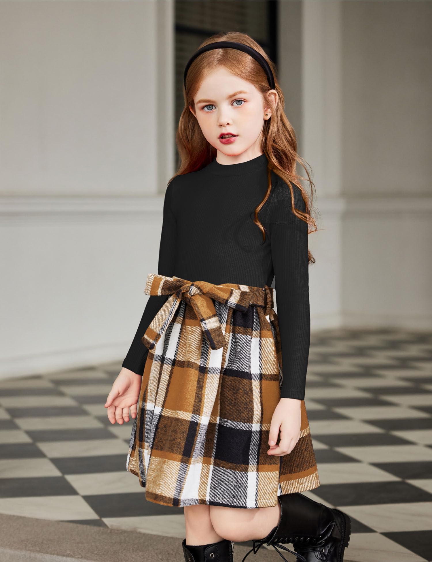 Arshiner Girls Dresses Long Sleeve Rib Knit Plaid Patchwork Belted Dress with Pockets