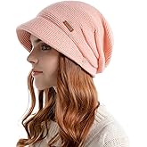 Women Slouchy Knit Hat Winter Warm Fleece Lined Beanie Hat Stretchy Skull Cap with Visor Brim
