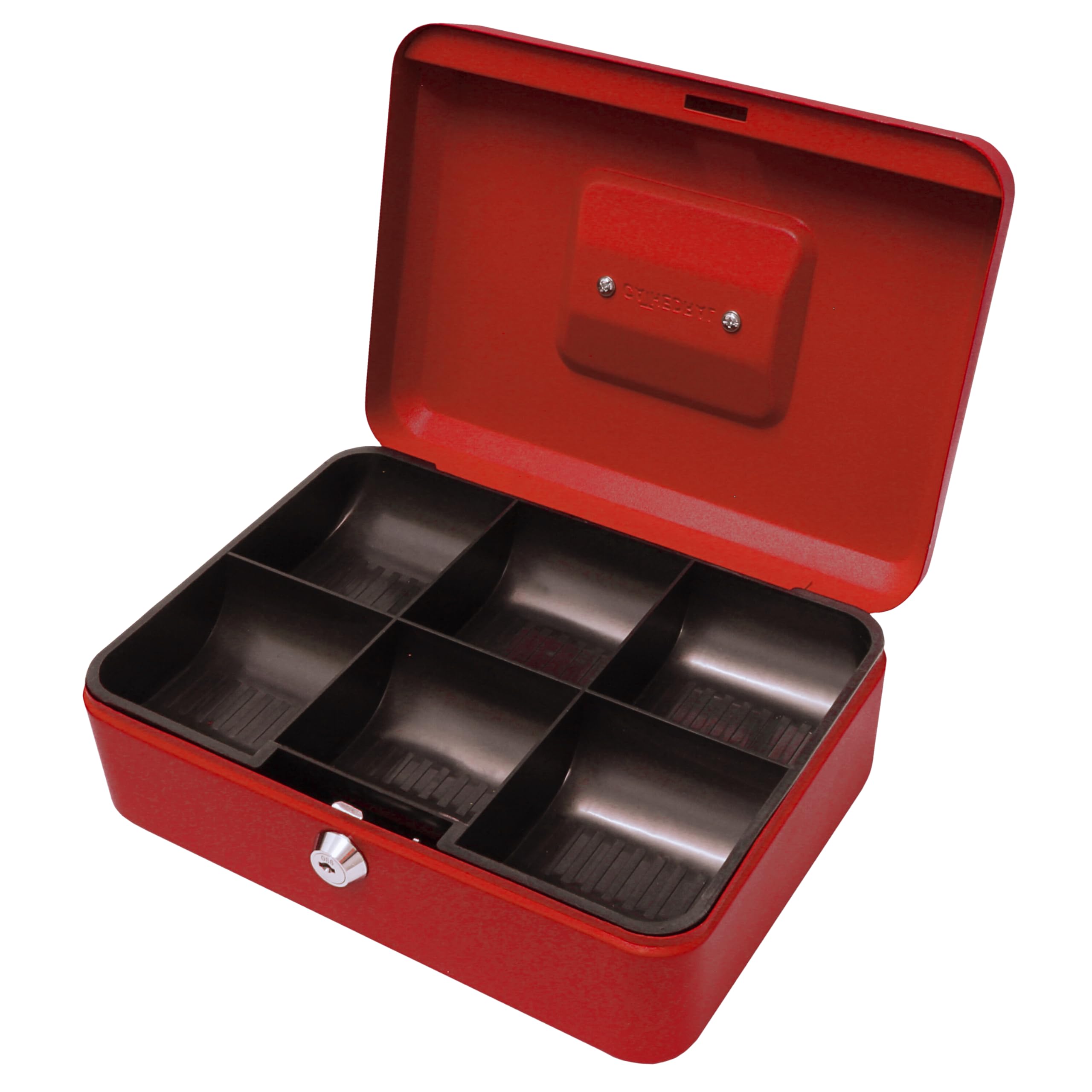 Cathedral Products Key Lockable Cash Box with Lift Out 6 Compartment Coin Tray - 10 Inch - Red