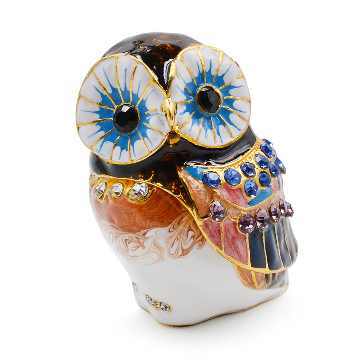 LA HAUTE Beautiful Pattern Crystal Studded Pewter Jewelry Trinket Box with Gift Box- Colorful Owl