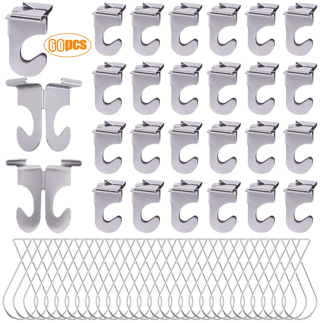 Rustark 60 Pcs Heavy Duty Aluminum Ceiling Hooks for Hanging Plants & Decorations, Drop Ceiling Hooks for Classrooms & Offices, Metal T-Bar Hooks for Suspended Drop Ceiling Tiles,Silver