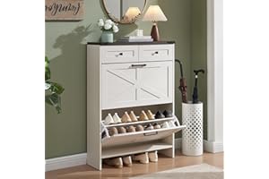Barnyatoh Shoe Storage Cabinet, Farmhouse Shoe Organizer with 2 Hidden Flip Drawers & 2 Drawers, Narrow Freestanding Shoe Rac