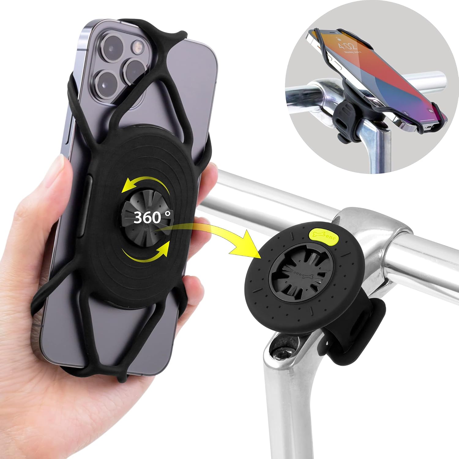 Bone Bike Tie Connect Kit, 360° Rotation Universal Bike & Motorcycle Phone Mount for Universal Stem & Handlebar, Fits 4.7"-7.2" Phones for iPhone 12 11 Pro Max Mini Samsung Galaxy S20 and More