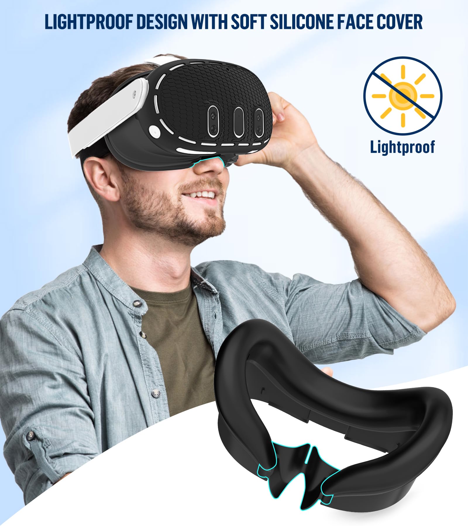 Silicone Cover Set Compatible with Meta/Oculus Quest 3 Accessories, Controller Grips, VR Shell Cover, Facial Interface Cover, Protective Lens Cover, Tempered Glass Lens Caps, Not Fit Quest 3S