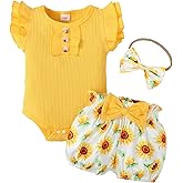 ABCRR Baby Girl Clothes Newborn Infant Summer Outfits Ruffle Sleeve Romper and Floral Shorts Set for 0-18 Months