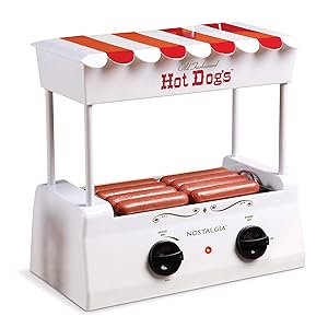Nostalgia HDR565 Countertop Hot Dog Warmer 8 Regular Sized, 4 Foot Long And 6 Bun Capacity, Stainless Steel Rollers, Perfect For Breakfast Sausages, Brats, Taquitos, Egg Rolls, Red/White