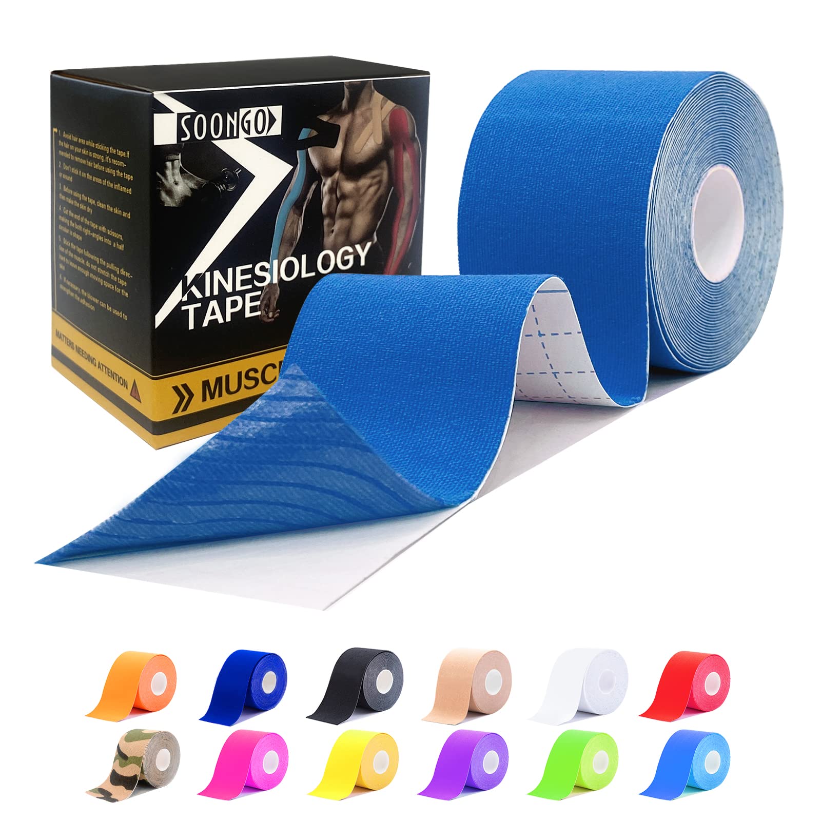 Kinesiology Tape Rock Tape Physio Tape 5m roll, Elastic Therapeutic Sports Tape for Shoulder, Ankle, Elbow, Wrist, Knee Support, Waterproof Physiotherapy Body Tape for Muscle Pain by SOONGO (Blue)