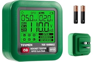 TESMEN TOE-100BMAX Electrical Outlet Tester with GFCI/RCD Trip Time Test, Backlit LCD, Data Hold, Voltage Measurement, Recept