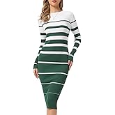 Allegra K Women's Striped Dress Long Sleeve Crew Neck Ribbed Knit Fall Bodycon Midi Sweater Dresses