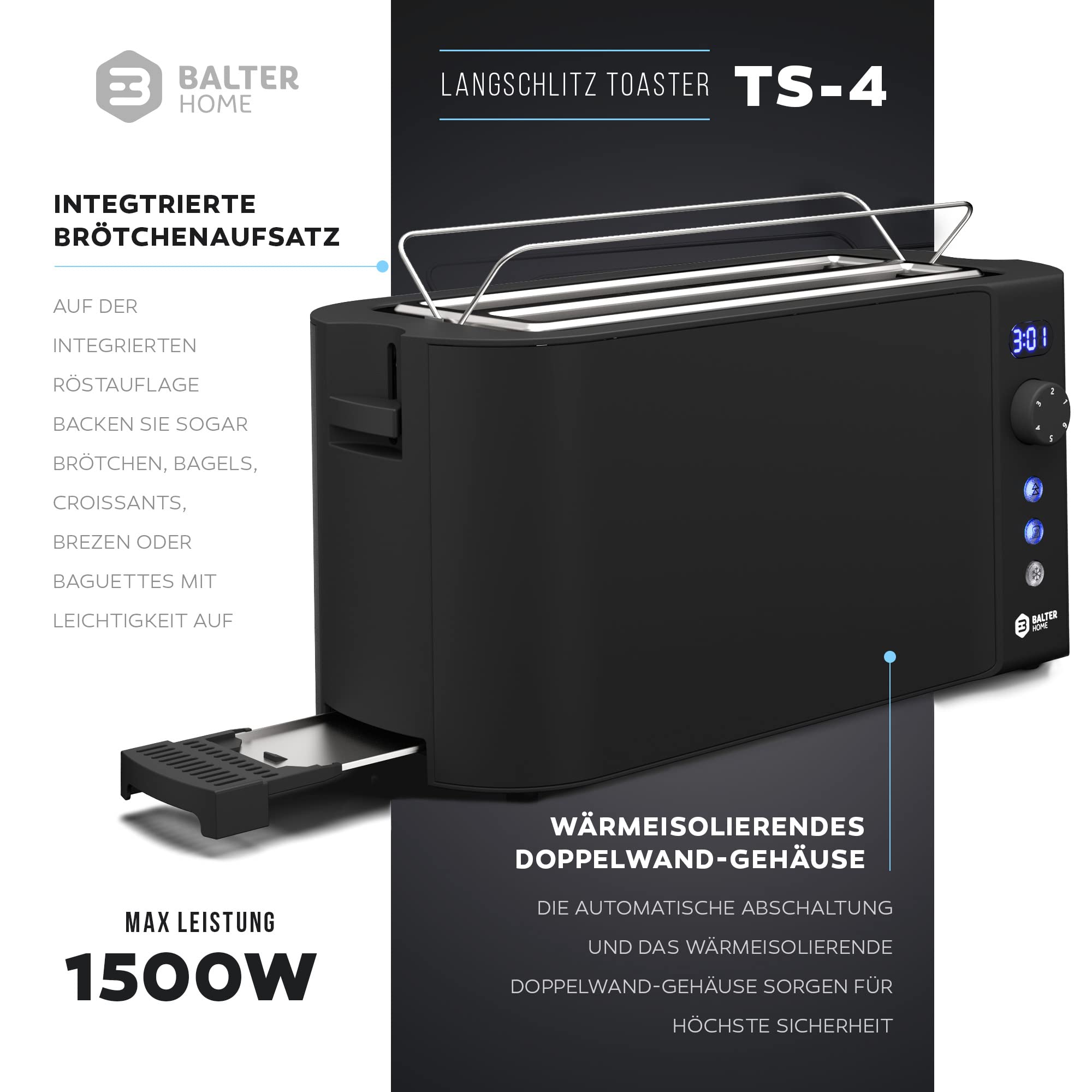 Balter Toaster 4 Scheiben, Langschlitz, Edelstahl, Brötchenaufsatz, LCD Display mit Restzeitanzeige, Auftaufunktion, Brotzentrierung, Krümelschublade, TS-04-LCD, Farbe: Schwarz 2