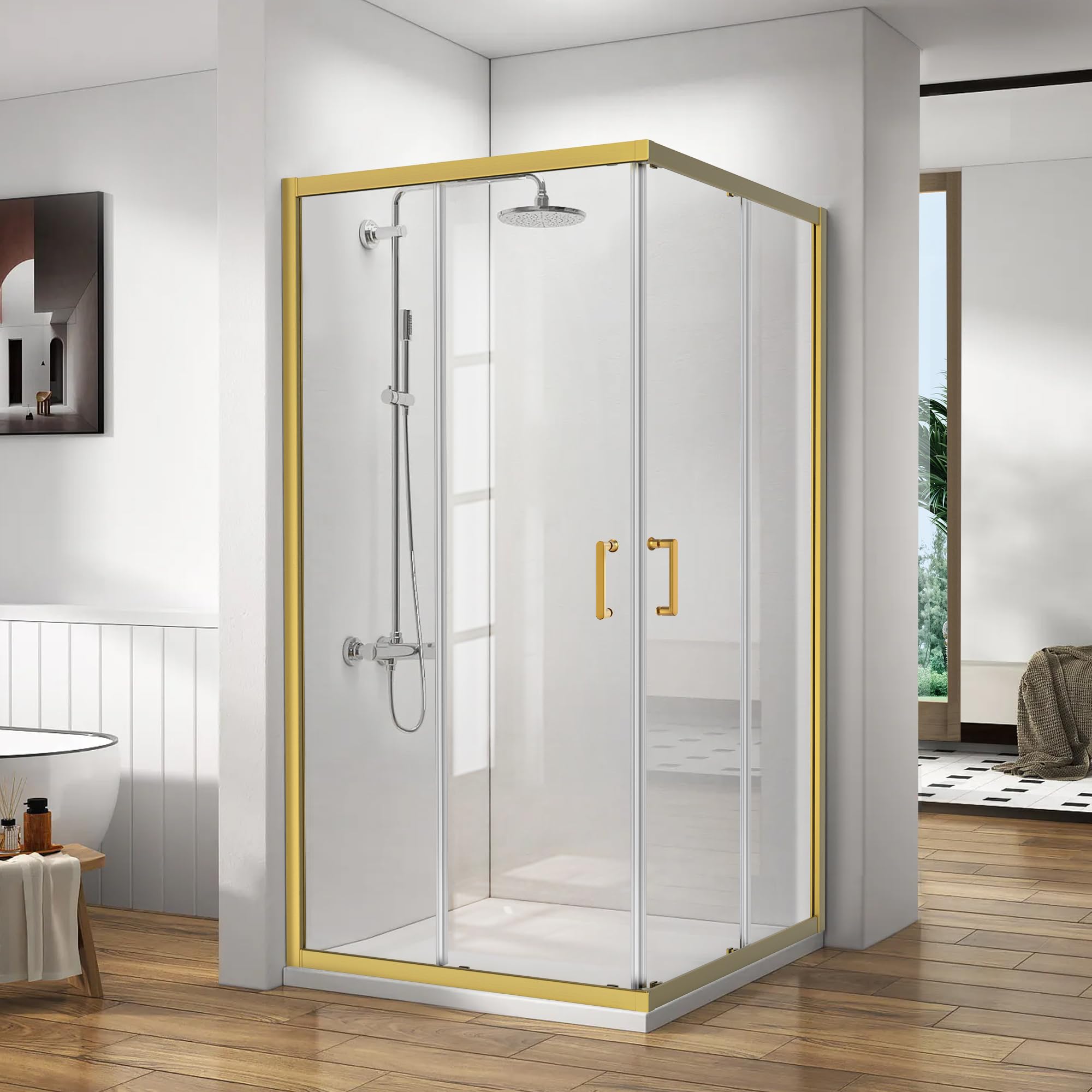 Photo 1 of Bathroom Corner Shower Enclosure, 36 in.L x 36 in. W x 76 in. H, Double Sliding Shower Doors, 1/4" (6mm) Thick Clear Tempered Glass Door, Brushed Gold