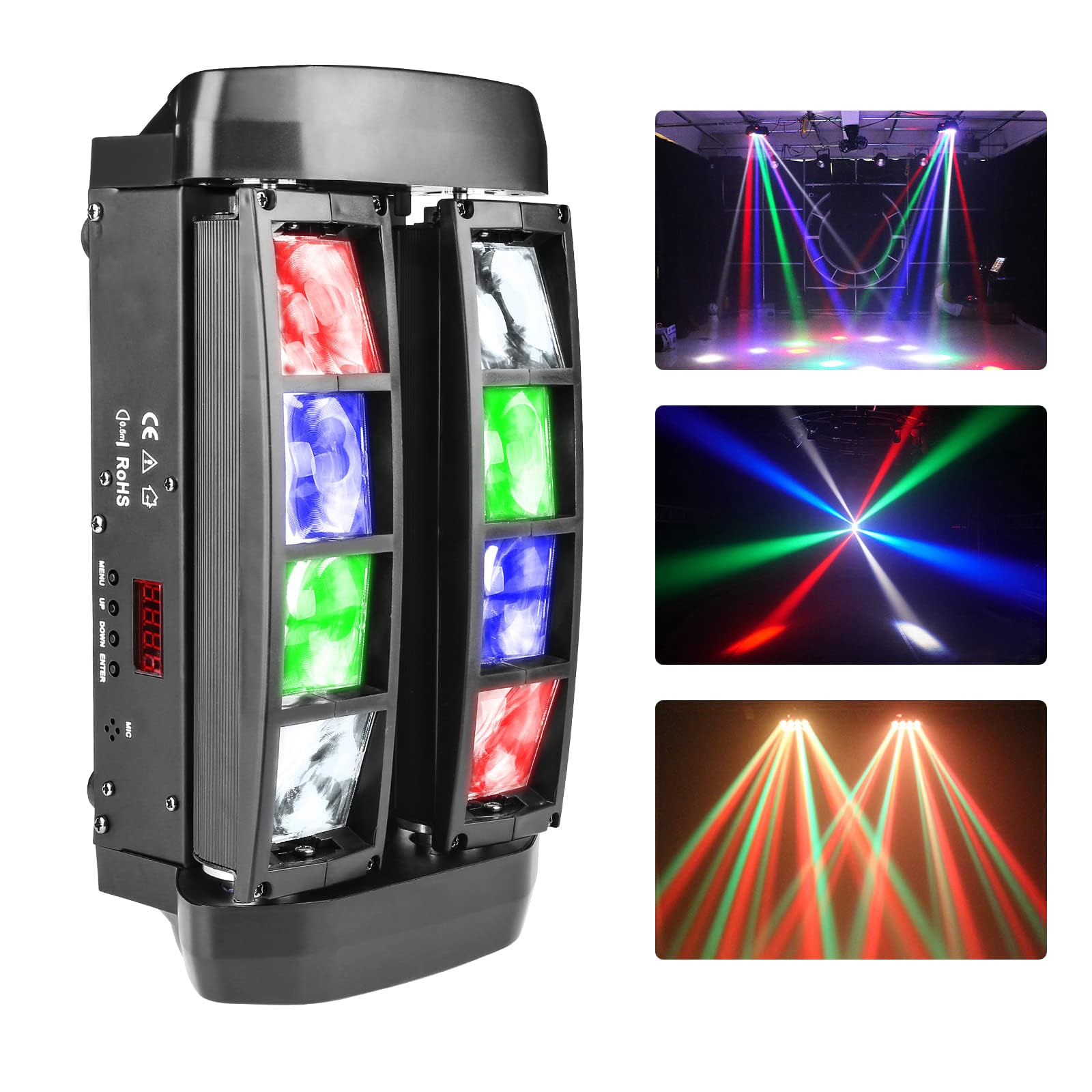Disco Rainbow Lights, 8 LED Stage Moving Head Party Lights, Sound Activated Spider Sweeper Beam Light