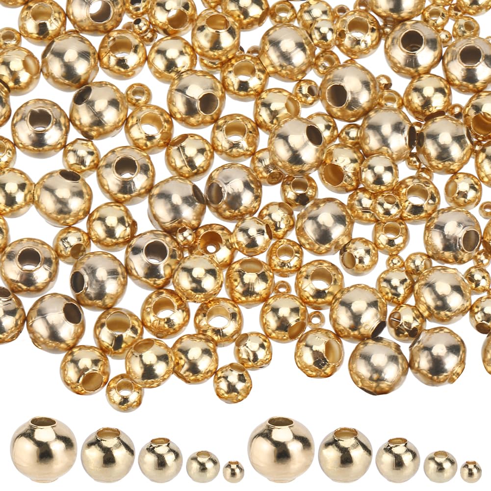 SUNNYCLUE 1 Box 250Pcs 5 Sizes Stainless Steel Beads Bulk 2mm 3mm 4mm 5mm 6mm Gold Spacers Bead Round Ball Bead Golden Rondelle Metal Loose Spacer Beads for Jewellery Making Beading Kits DIY Supplies