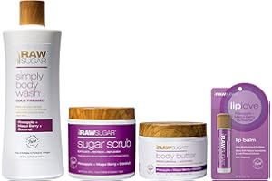 Raw Sugar Pineapple + Coconut + Maqui Berry Body Love Bundle - Body Wash, Body Scrub, Body Butter & Lip Balm, Clean, Made with Plant-Derived Ingredients, Formulated without Sulfates and Parabens