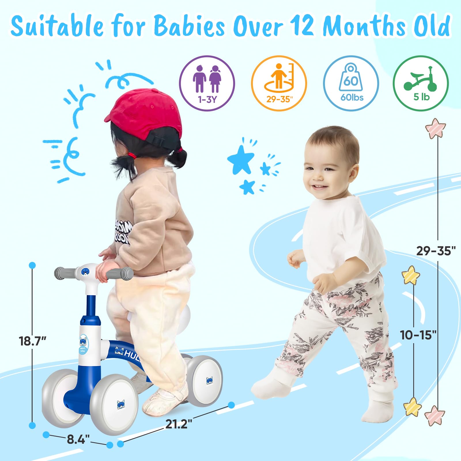 HULKNPE Baby Balance Bike for 1 Year Old Boys Girls, 12-24 Month Toddler Balance Bike with 4 Wheels, Adjustable Seat & Handlebar, First Birthday Gifts
