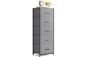 LIANTRAL Dresser for Bedroom, 5 Fabric Storage Drawer Organizer Units for Closet Living Room Hallway Entryway, Tall Chest of Drawers Tower, Sturdy Steel Frame, Wood Top (Light Gray)