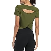 Bestisun Women Short Sleeve Cross Back Workout Crop Tops Backless Yoga Athletic Gym Shirts