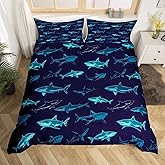 Sharks Bedding Set, Large Reef Shark Duvet Cover, Deep Ocean Animal Quilt Cover for Kids Boys Girls, Rodents Wild Marine Life Hawaiian Comforter Cover Child Room Décor 3Pcs Queen Size Navy Blue