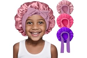 FIRSTPELLA 3 Pcs Kids Silk Bonnet for Sleeping-Baby Kids Satin Hair Bonnet for Curly Hair Girls Boys with Wide Elastic Band,Sleeping Cap for Teens Toddler (Rose Gold+Hotpink+Purple)