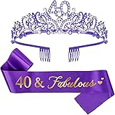 CIEHER Purple 40th Birthday Crown + 40 & Fabulous Birthday Sash, Purple 40th Birthday Tiara, 40th Birthday Gifts Women Friends, 40th Birthday Decorations for Women