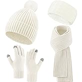 Breathffy 4 Pcs Winter Hat Scarf Gloves Headband Set Knit Beanie Touch Screen Gloves Long Scarf Valentine Gift for Women Men