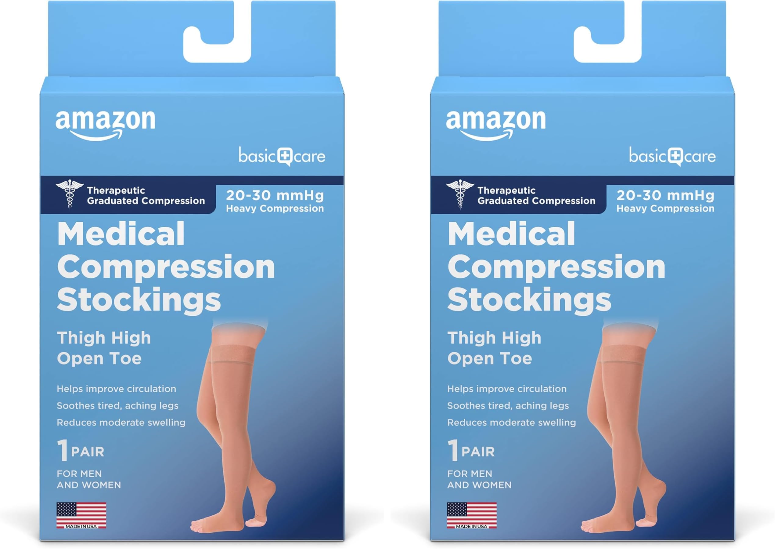 Amazon Basic Care Compression Stockings, 20-30 mmHg, Women & Men, Thigh Length | Open Toe | Beige | Large | Pack of 2 Image