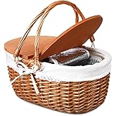 DoubleFill Wicker Insulated Picnic Basket with Lid Wicker Picnic Basket with Folding Handles and Insulated Cooler Bag for Camping Outdoor Easter Valentine Birthday Gift(White)