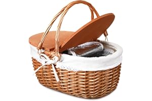 DoubleFill Wicker Insulated Picnic Basket with Lid Wicker Picnic Basket with Folding Handles and Insulated Cooler Bag for Camping Outdoor Easter Valentine Birthday Gift(White)