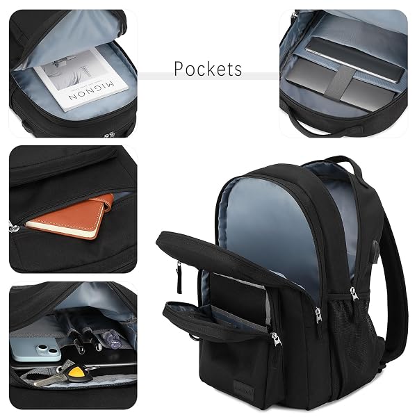 ECODUDO WATER RESISTENT BACKPACK FOR SCHOOL MEN AND WOMEN MULTI POCKETS COLLEGE BOOKBAG CASUAL TRAVEL DAYPACK (BLACK), EBDU2301