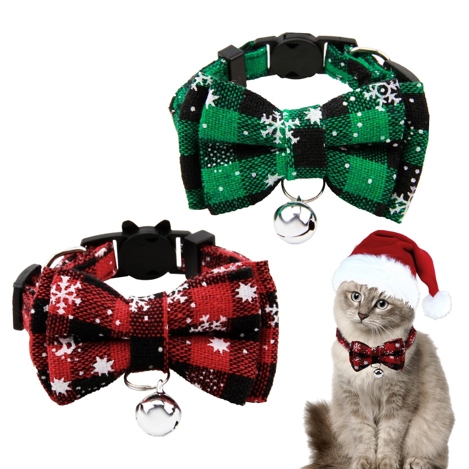 2PCS Christmas Cat Collar with Bell and Bow Tie, Safety Quick Release Buckle Kitten Collar Adjustable 22-32cm Detachable Bowtie and Bell for Kitten Puppy Small Pets (Red+Green)