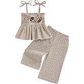 VISGOGO Toddler Baby Football Girl Outfit Bow Smocked Spaghetti Strap Plaid Tops Pants Embroidery Football Baby Girl Clothes