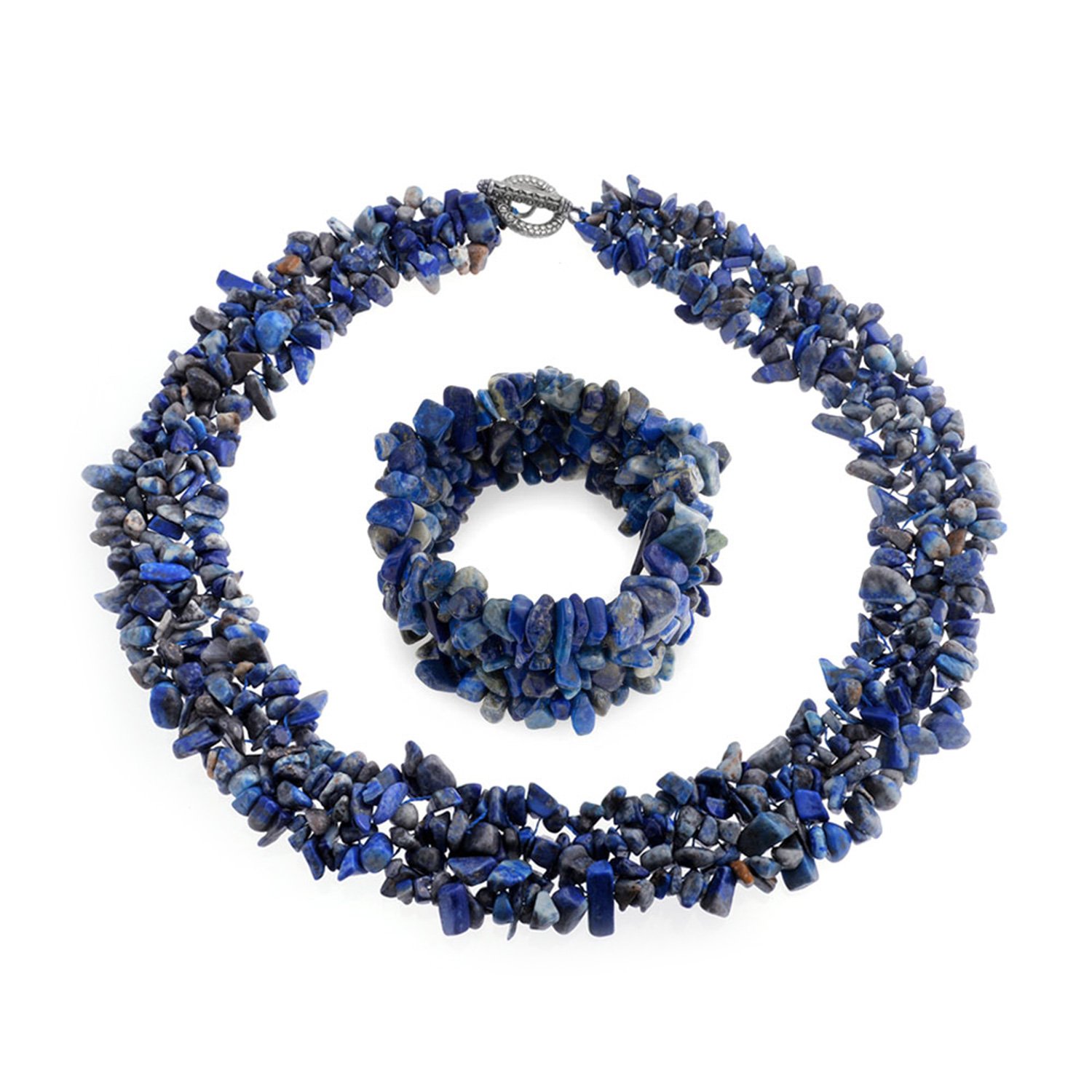 Bling Jewelry Large Wide Chunky Blue Lapis Stone Chips Statement Bib Necklace For Women Collar Stretch Bracelet For Women Set 18 Inch