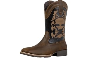 CVDSHU Western Cowboy Boots For Men Square Toe Work Boots Leather Pull On Silp Resistant Skull Embroidery Classic Fashion Boo