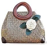 QTKJ Beach Bag, Boho Handmade Rattan Handbag, Round Bamboo Handle and Silk Flower, Summer Large Straw Retro patternTote Bag for Beach Vacation Daily(Brown)