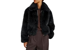 Tankaneo Womens Cropped Faux Fur Jacket Shaggy Lapel Zip Up Winter Coats Fuzzy Warm Outerwear