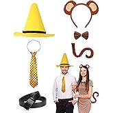 AXBMM 6 PCS Halloween Costume Set Yellow Hat, Polka Dot Tie, Monkey Ears Headband, Tail, Belt & Bow Tie Ideal for Halloween Cosplay Parties